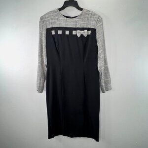 Vintage 90s Lindsey Scott Shift Dress 14 Black Career Bow Plaid Shoulder Pads